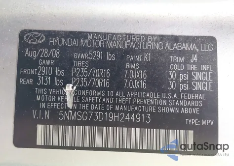 2009 Hyundai Santa Fe Gls from USA, damaged, VIN 5NMSG73D19H244913